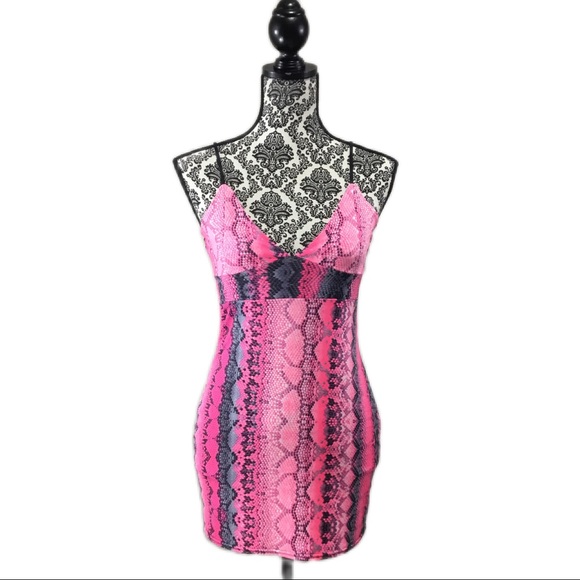 I-X London Snake Print Strappy Plunge Bodycon Nighty Slip Dress Pink - Picture 3 of 15